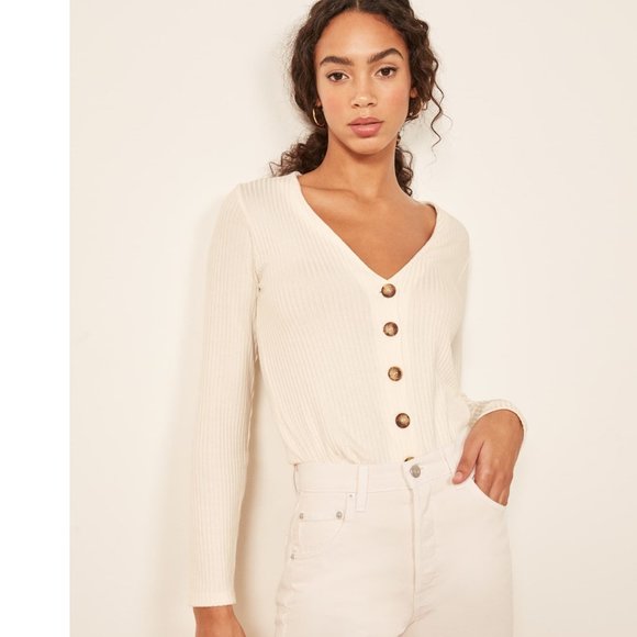 Reformation Tops - Reformation Jeans Iris Top Small Ivory Ribbed Modal Button Front V-Neck Top